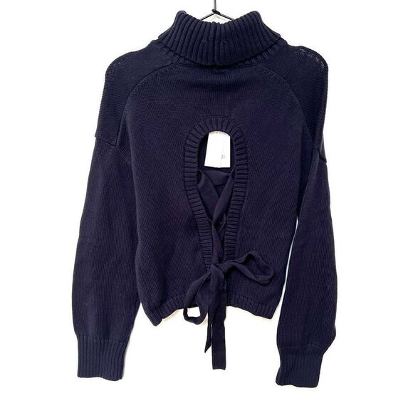 525 America Open Back Lace Up Turtleneck Chunky Knit Sweater Navy Blue S NWT - Picture 3 of 10